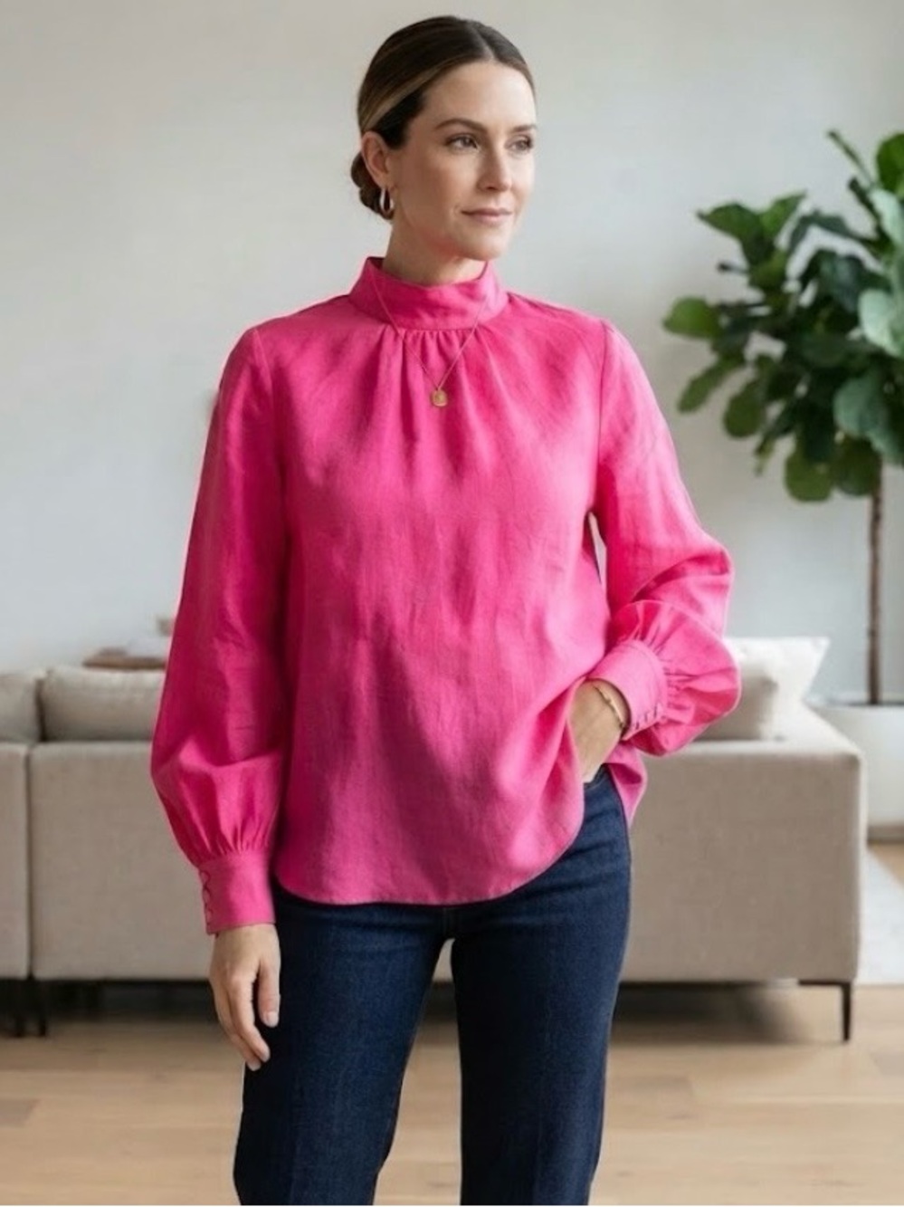 A love a Women's Hot Pink Mock-Neck Blouse with Balloon Sleeves 100% RAMIE